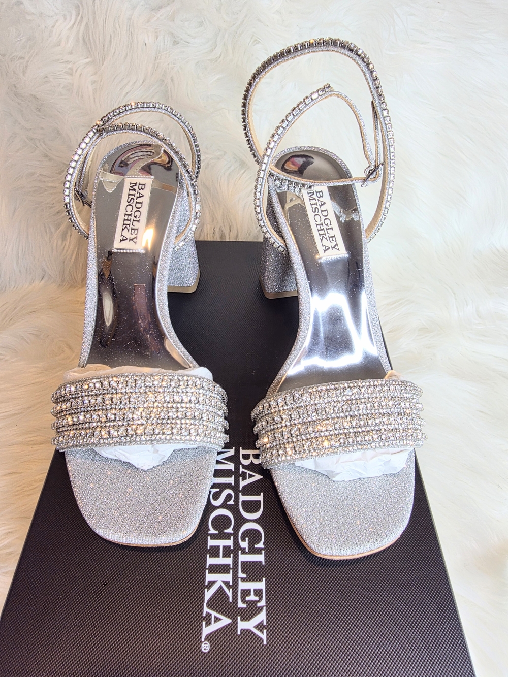 Badgley Mischka Becca Siltxl Silver Crystal-Strap Heeled Sandals New Size 7
